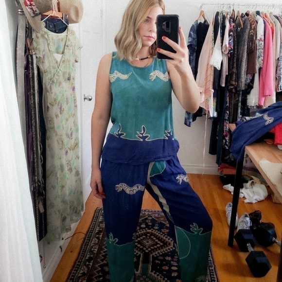 2 pc. Lounge set rayon turquoise pant set colour block straight leg - Picture 15 of 15